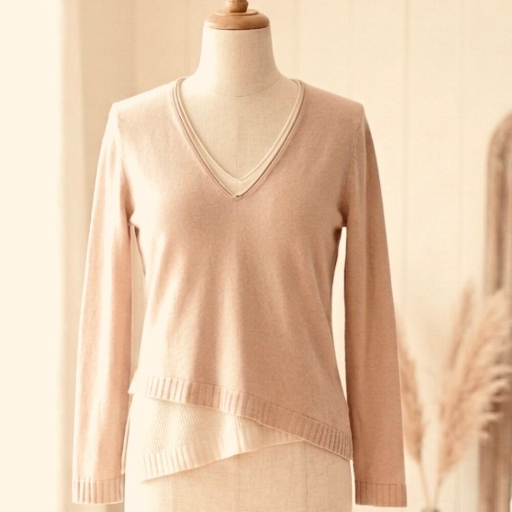 Kokun Layered Cashmere Blend Asymmetrical Minimalist V-Neck Sweater size small